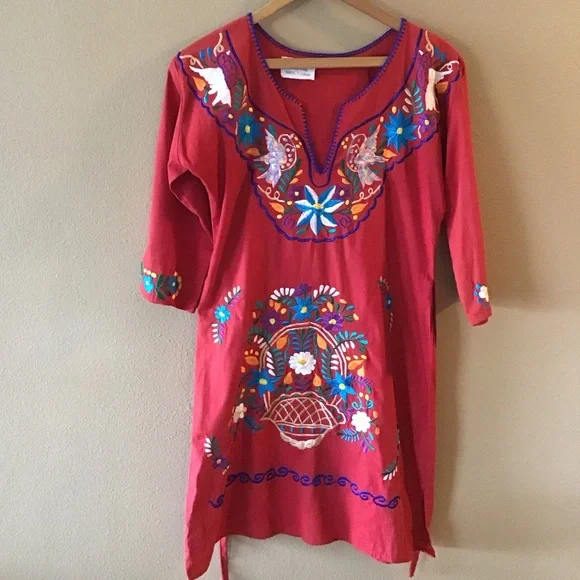 Handmade Dresses | New Handmade Embroidered Red Floral Birds 100% Cotton Mexican Dress (S/M) | Color: Blue/Red | Size: M | 1dazzlingdiva's Closet Handmade Dresses | New Handmade Embroidered Red Floral Birds 100% Cotton Mexican Dress (S/M) | Color: Blue/Red | Size: M | 1dazzlingdiva's Closet